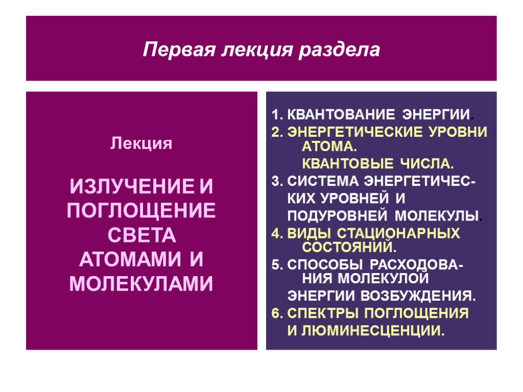 Первая лекция раздела Лекция ИЗЛУЧЕНИЕ И ПОГЛОЩЕНИЕ СВЕТА АТОМАМИ И МОЛЕКУЛАМИ 1. КВАНТОВАНИЕ ЭНЕРГИИ.